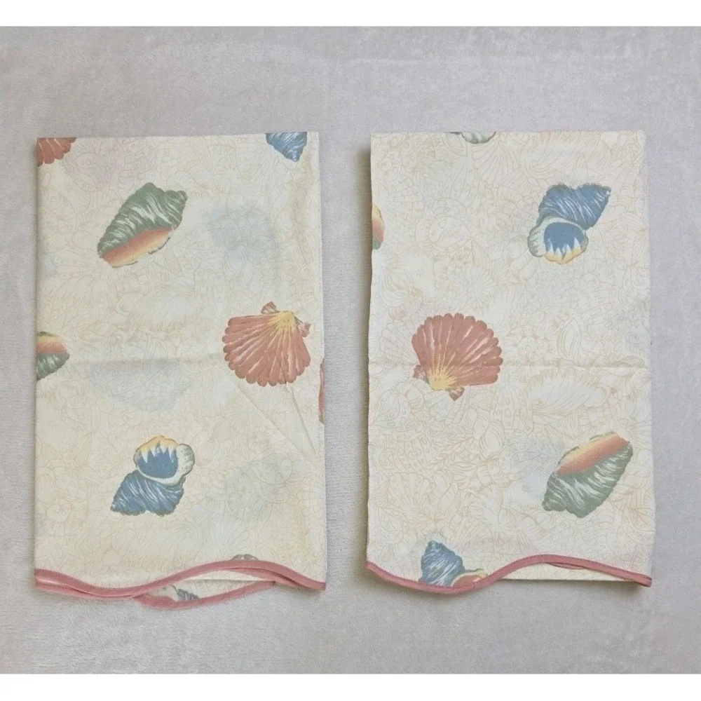 2 Vtg 1980s Pillowcases Coastal Beach‎ Cottage Pastel Sea Shells Queen JCPenney